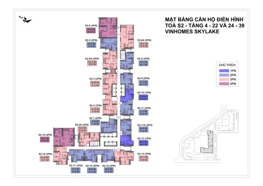 Mặt bằng tầng điển hình từ tầng 4 đến 22 và tầng 24 đến 39 căn hộ Vinhomes Sky Lake